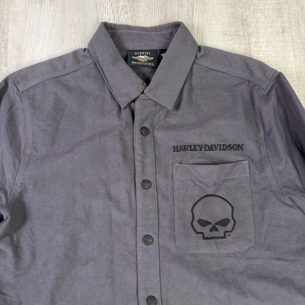 Harley Davidson Gray Button Front Willie G Skull L/S Shirt Mens Sz Large Thick N - Picture 4 of 10